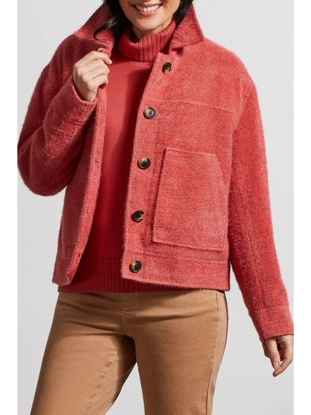Tribal Button Front Soft Lined Jacket Coat Pockets New Size M Crop Coral Pink